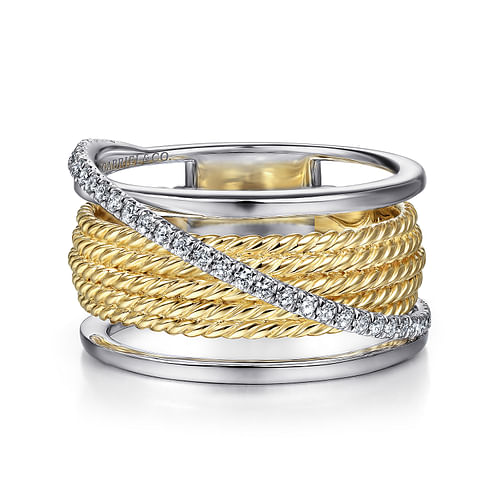 14K White-Yellow Gold Twisted Rope Wide Band with Wrapping Diamond Row 