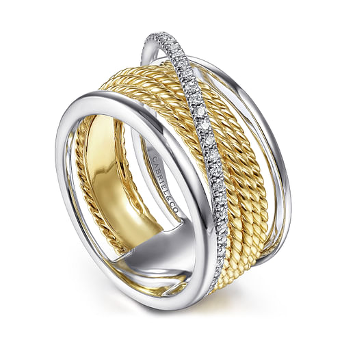 14K White-Yellow Gold Twisted Rope Wide Band with Wrapping Diamond Row 