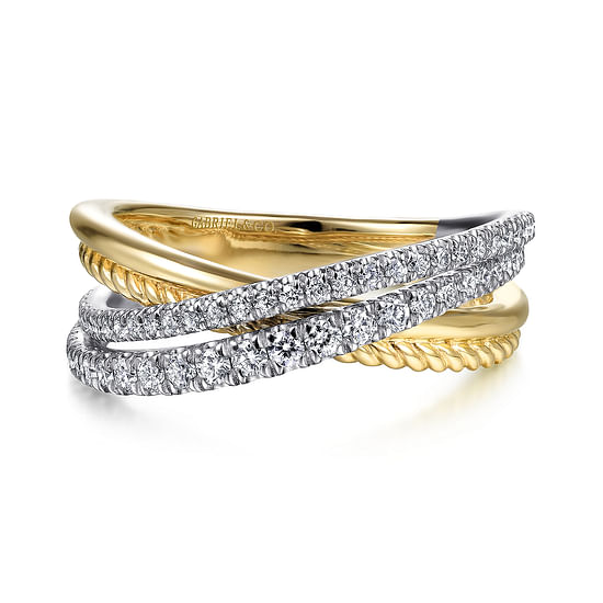 Gabriel - 14K White-Yellow Gold Twisted Rope and Diamond Criss Cross Ring