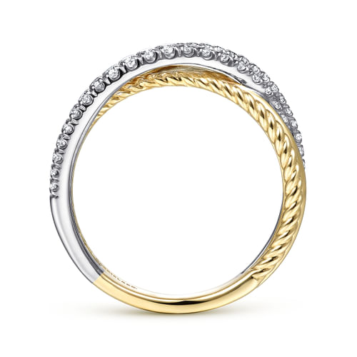 14K White-Yellow Gold Twisted Rope and Diamond Criss Cross Ring