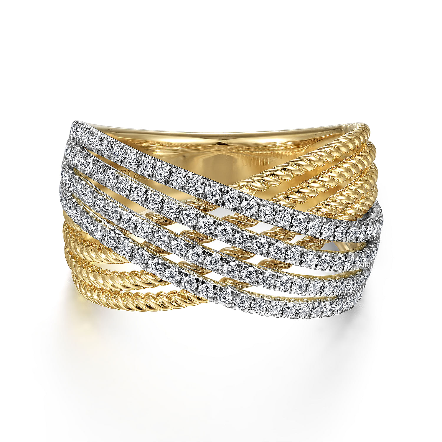 14K White-Yellow Gold Twisted Rope and Diamond Criss Cross Ring