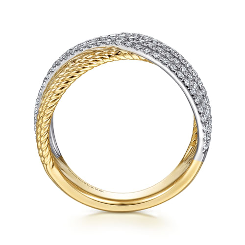 14K White-Yellow Gold Twisted Rope and Diamond Criss Cross Ring