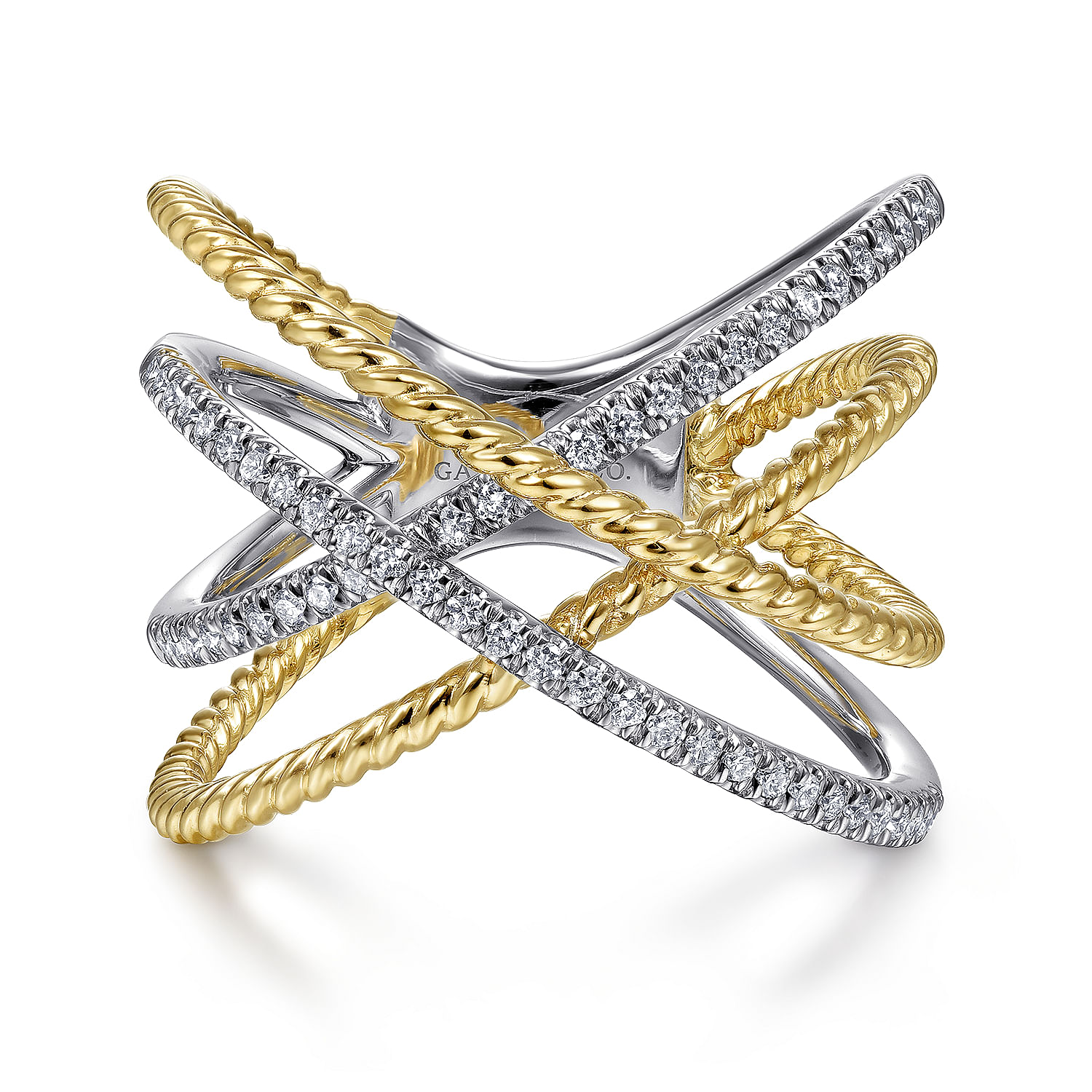 Gabriel - 14K White-Yellow Gold Twisted Rope and Diamond Criss Cross Ring