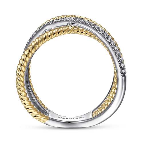 14K White-Yellow Gold Twisted Rope and Diamond Criss Cross Ring