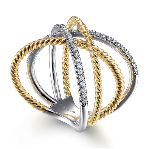 14K White-Yellow Gold Twisted Rope and Diamond Criss Cross Ring