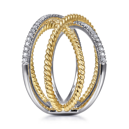 14K White-Yellow Gold Twisted Rope and Diamond Criss Cross Ring