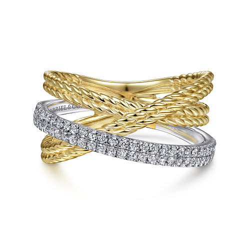 14K White-Yellow Gold Twisted Rope and Diamond Criss Cross Ring