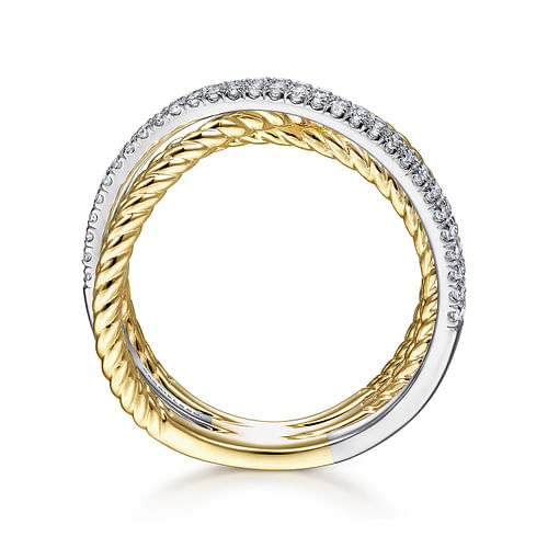 14K White-Yellow Gold Twisted Rope and Diamond Criss Cross Ring