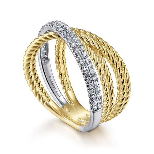 14K White-Yellow Gold Twisted Rope and Diamond Criss Cross Ring