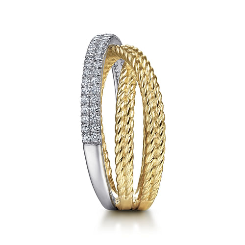 14K White-Yellow Gold Twisted Rope and Diamond Criss Cross Ring