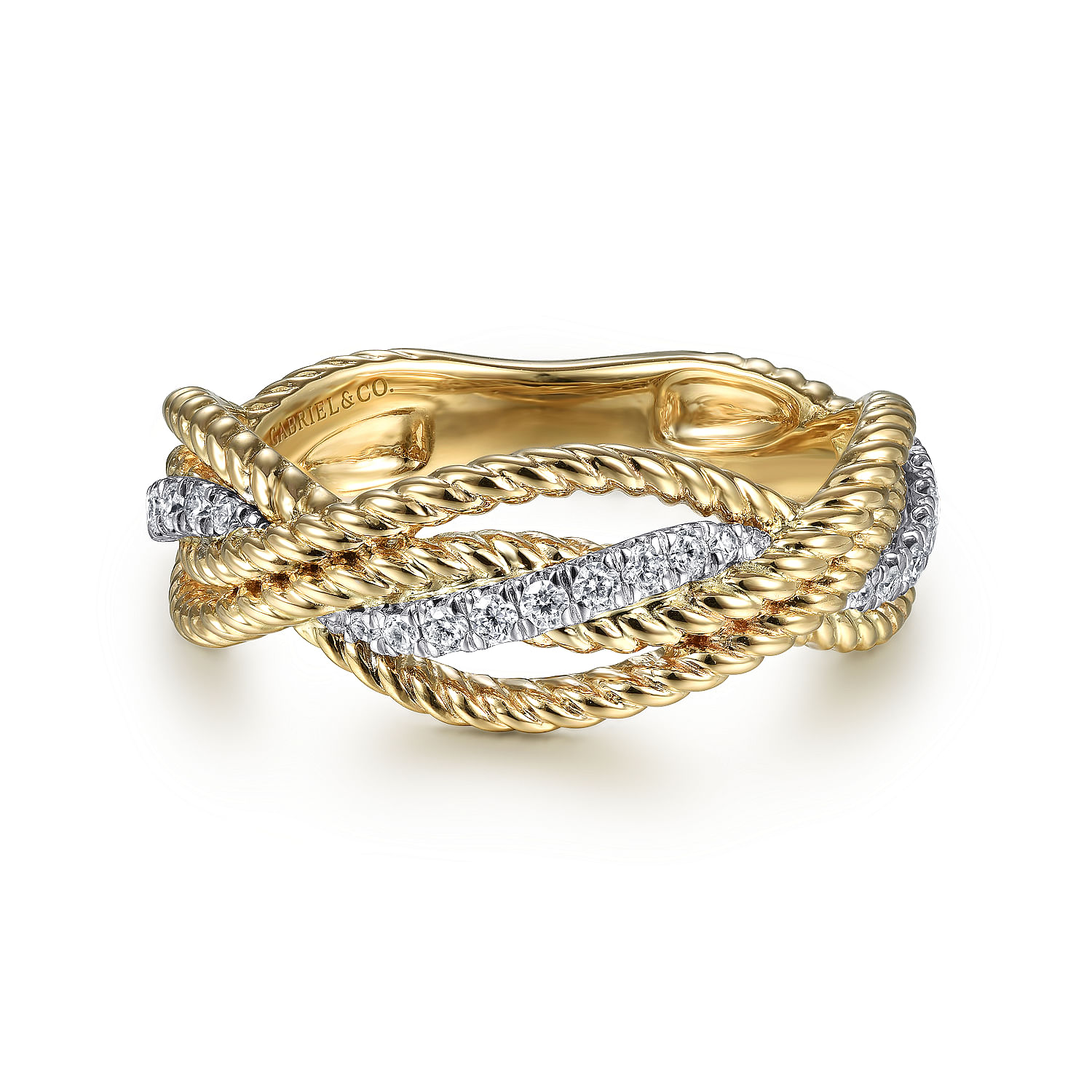 Gabriel - 14K White-Yellow Gold Twisted Rope and Diamond Intersecting Ring