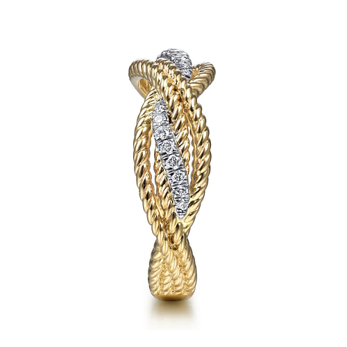 14K White-Yellow Gold Twisted Rope and Diamond Intersecting Ring