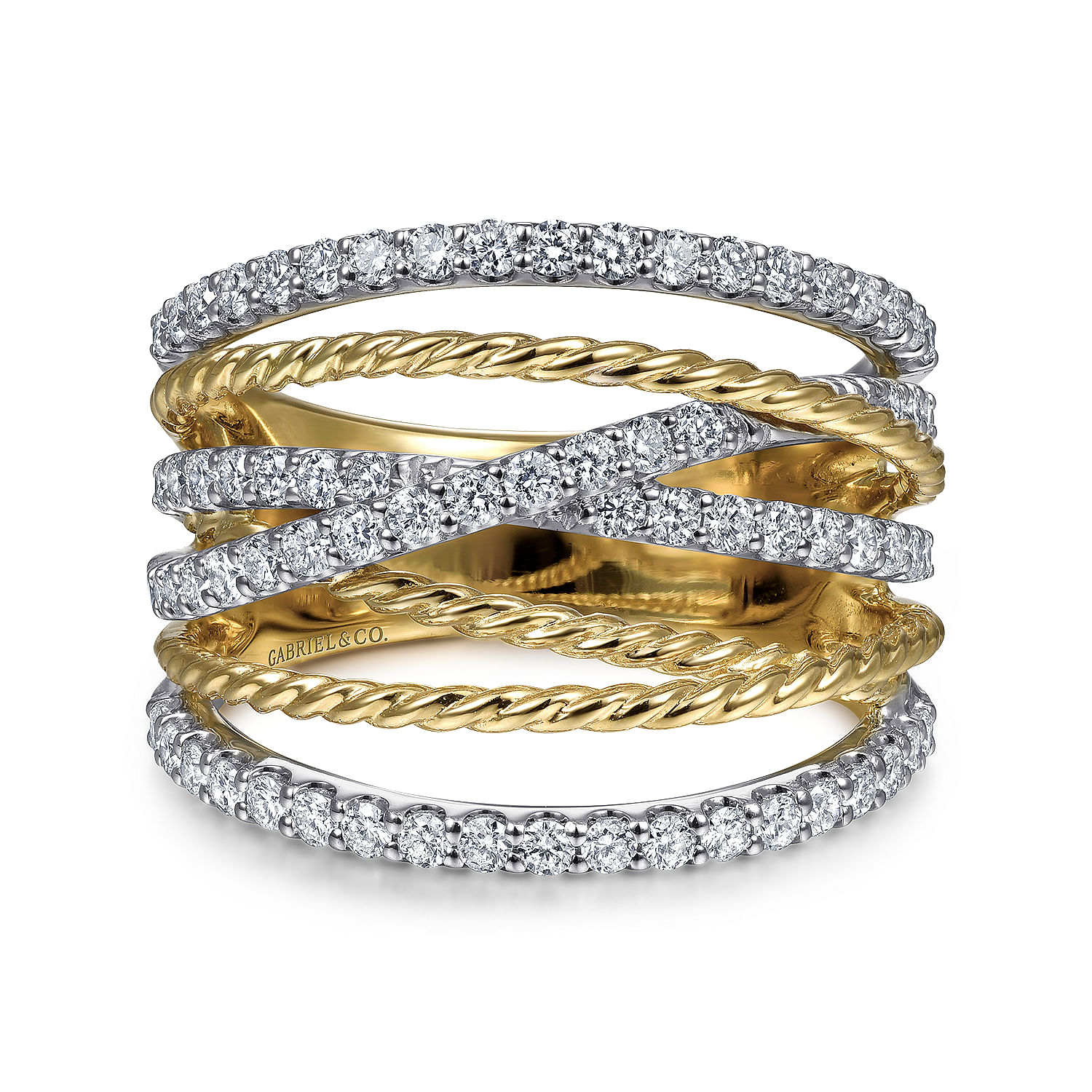 Gabriel - 14K White-Yellow Gold Twisted Rope and Diamond Multi Row Ring