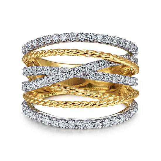 Gabriel - 14K White-Yellow Gold Twisted Rope and Diamond Multi Row Ring