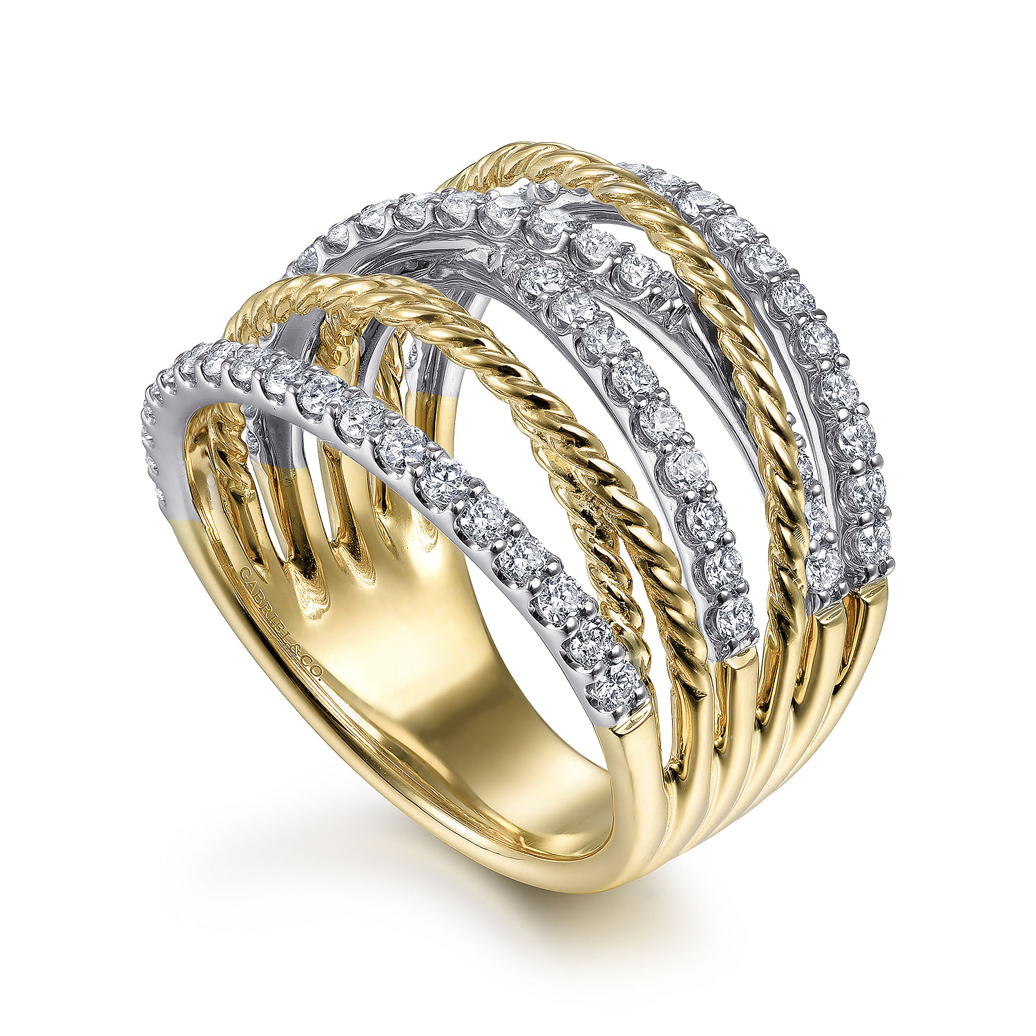 14K White-Yellow Gold Twisted Rope and Diamond Multi Row Ring