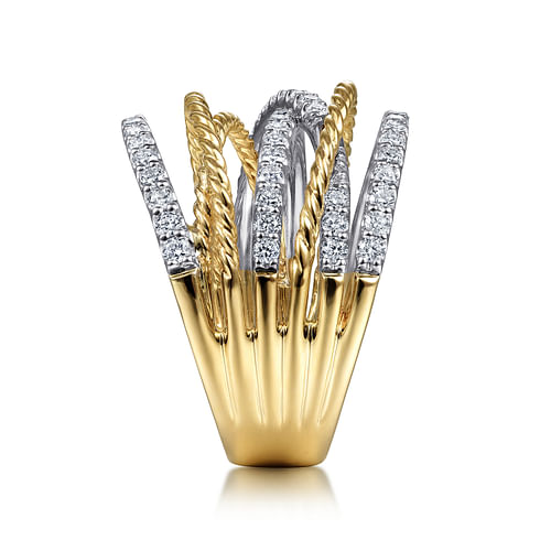 14K White-Yellow Gold Twisted Rope and Diamond Multi Row Ring