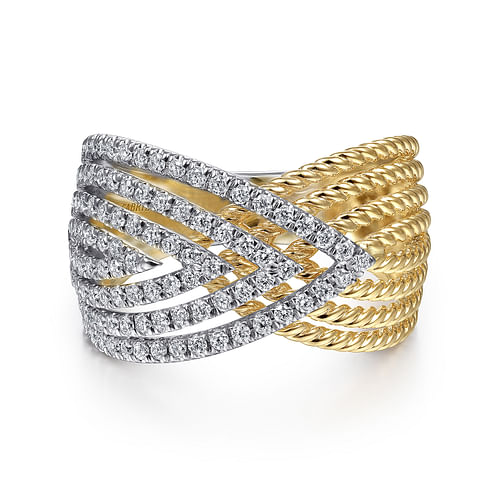 14K White-Yellow Gold Twisted Rope and Diamond Overlapping Triangle Ring