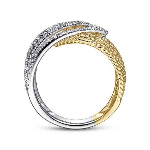 14K White-Yellow Gold Twisted Rope and Diamond Overlapping Triangle Ring