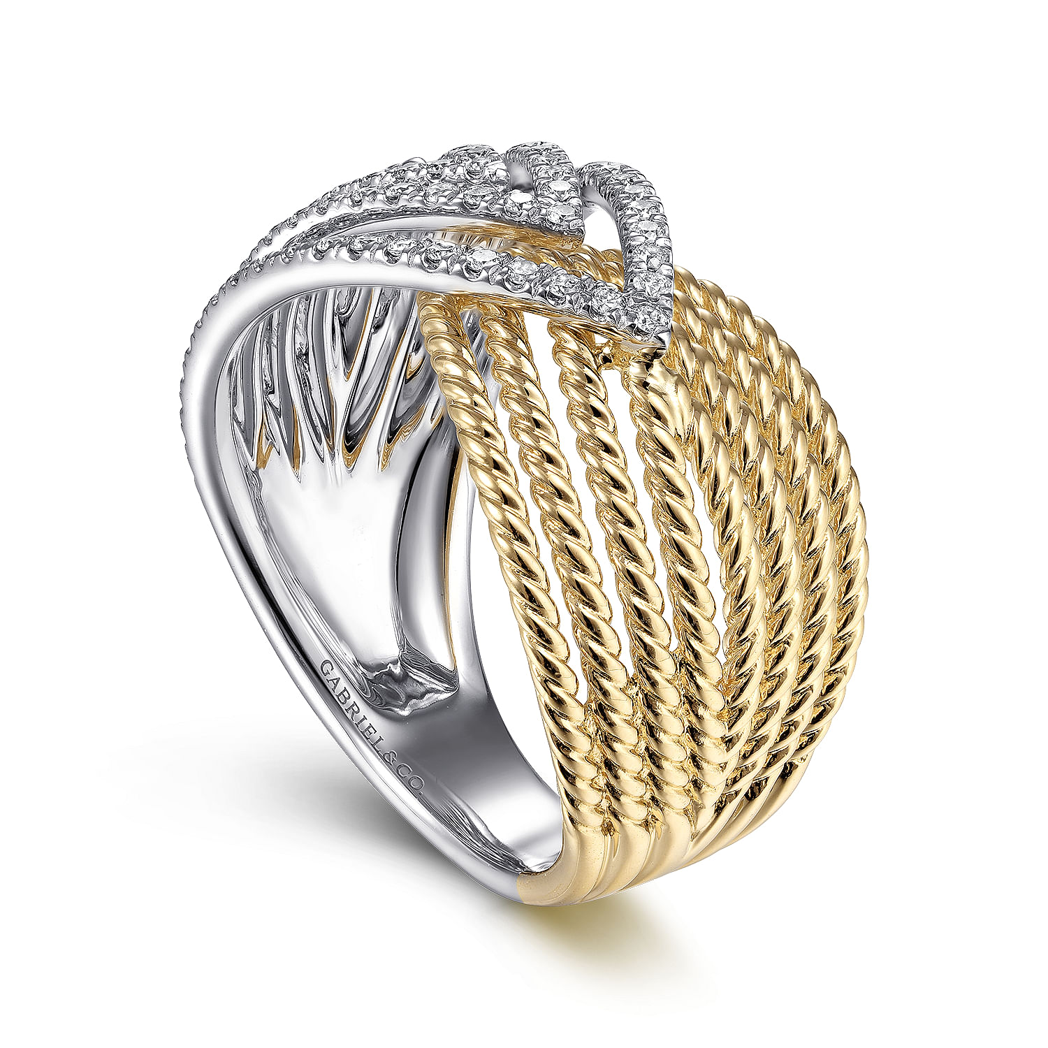 14K White-Yellow Gold Twisted Rope and Diamond Overlapping Triangle Ring