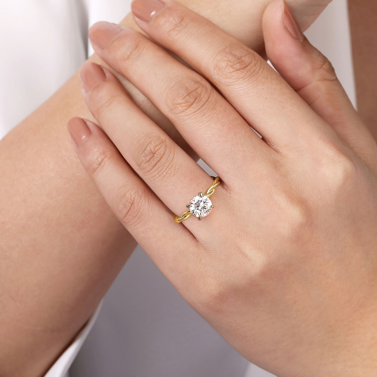14K White-Yellow Gold Twisted Round Diamond Engagement Ring
