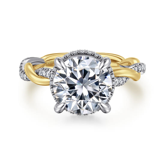 Gabriel - 14K White-Yellow Gold Twisted Round Halo Diamond Engagement Ring