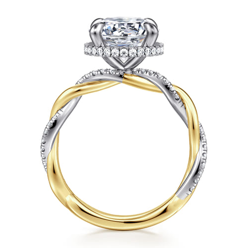 14K White-Yellow Gold Twisted Round Halo Diamond Engagement Ring