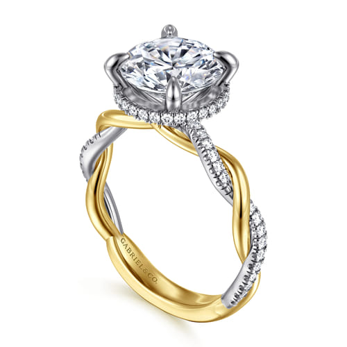14K White-Yellow Gold Twisted Round Halo Diamond Engagement Ring