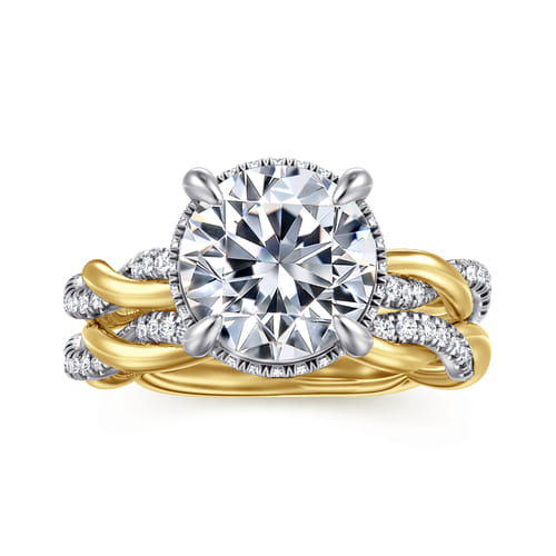 14K White-Yellow Gold Twisted Round Halo Diamond Engagement Ring