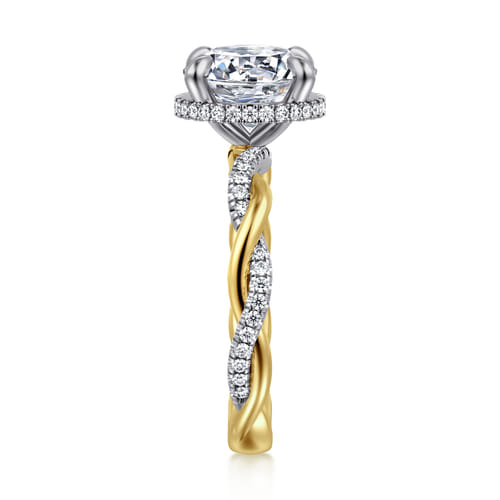 14K White-Yellow Gold Twisted Round Halo Diamond Engagement Ring