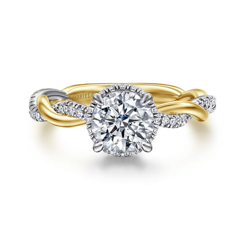 14K White-Yellow Gold Twisted Round Halo Diamond Engagement Ring