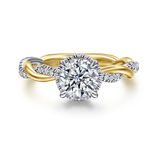 Gabriel - 14K White-Yellow Gold Twisted Round Halo Diamond Engagement Ring Gabriel - 14K White-Yellow Gold Twisted Round Halo Diamond Engagement Ring