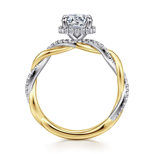 14K White-Yellow Gold Twisted Round Halo Diamond Engagement Ring