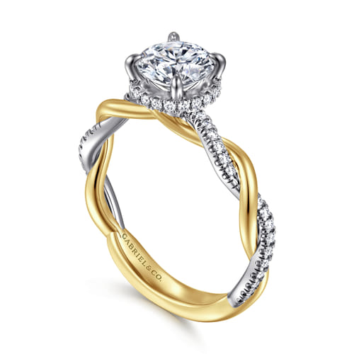 14K White-Yellow Gold Twisted Round Halo Diamond Engagement Ring