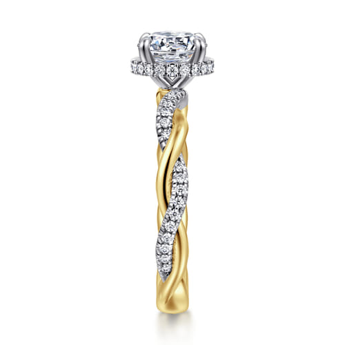 14K White-Yellow Gold Twisted Round Halo Diamond Engagement Ring