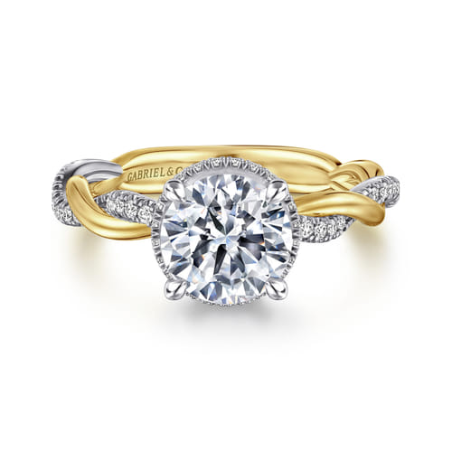 14K White-Yellow Gold Twisted Round Halo Diamond Engagement Ring