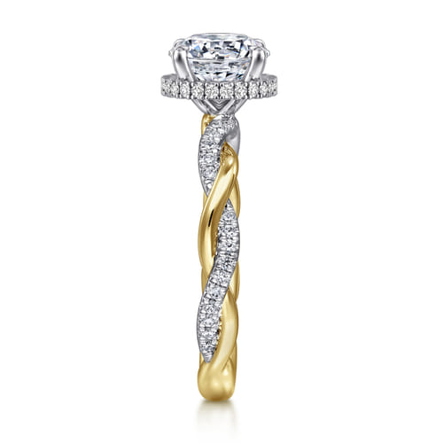 14K White-Yellow Gold Twisted Round Halo Diamond Engagement Ring