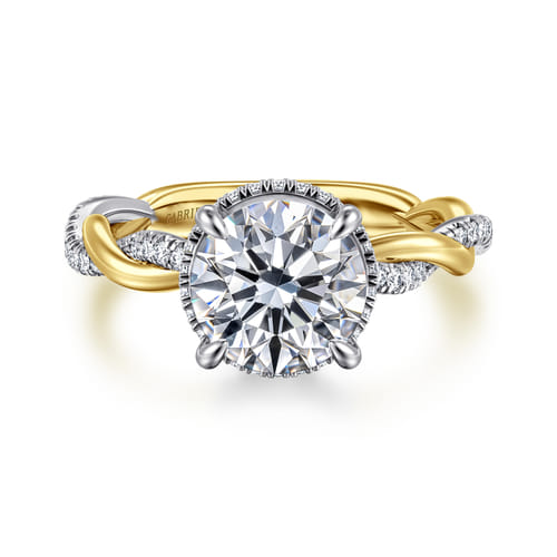 14K White-Yellow Gold Twisted Round Halo Diamond Engagement Ring 14K White-Yellow Gold Twisted Round Halo Diamond Engagement Ring