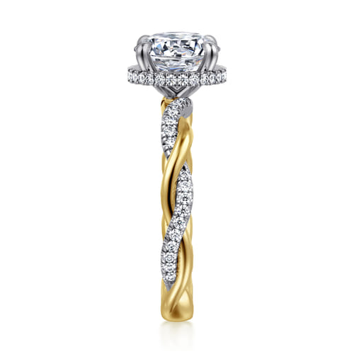 14K White-Yellow Gold Twisted Round Halo Diamond Engagement Ring 14K White-Yellow Gold Twisted Round Halo Diamond Engagement Ring
