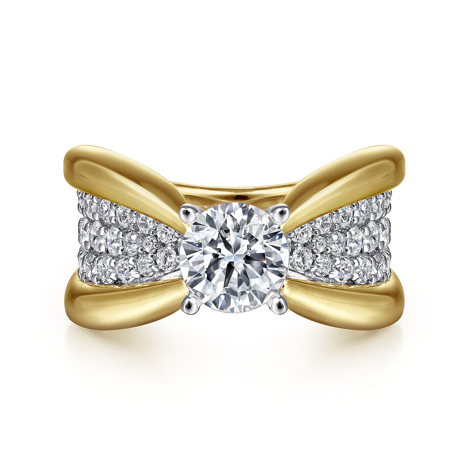 14K White-Yellow Gold Wide Band Round Diamond Engagement Ring