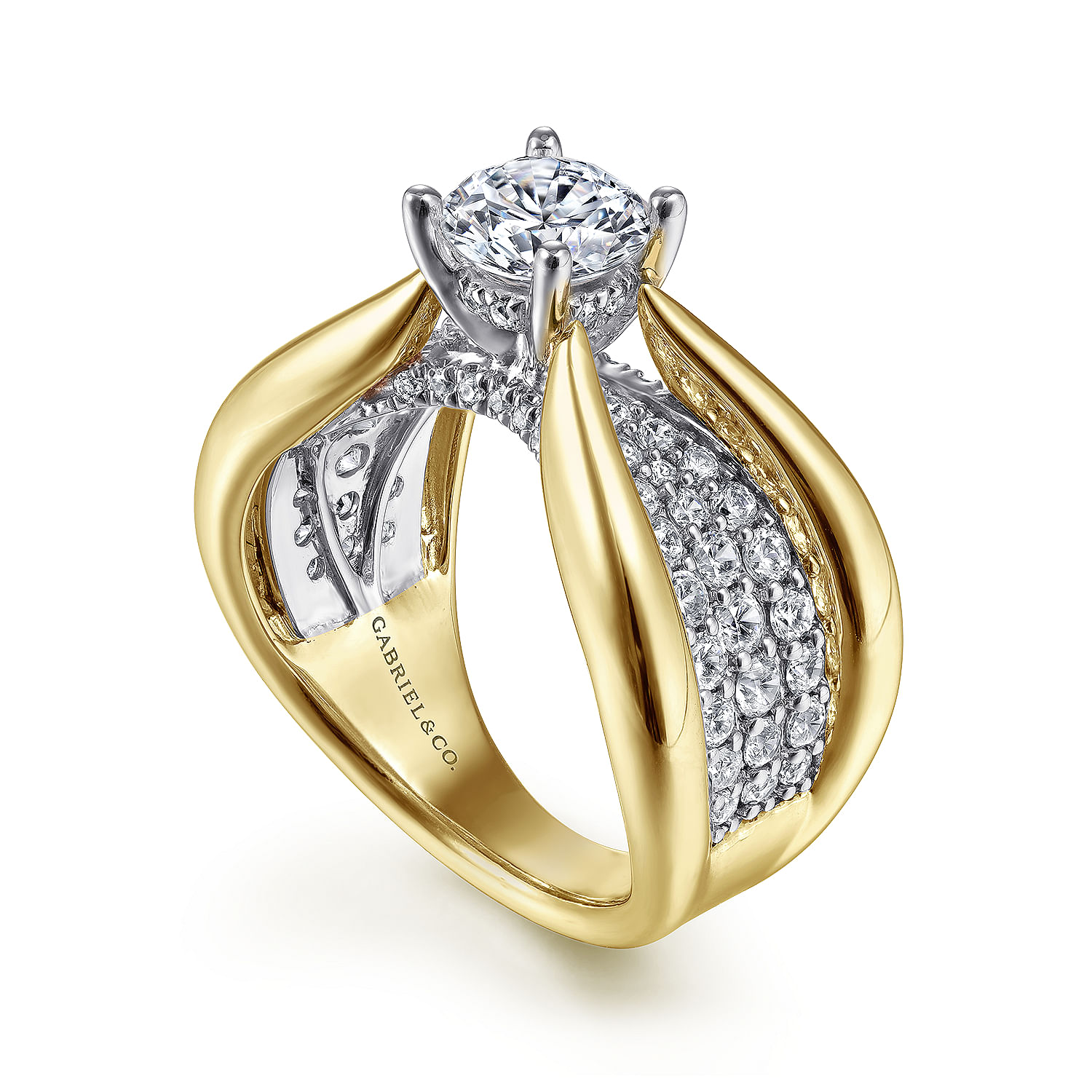 14K White-Yellow Gold Wide Band Round Diamond Engagement Ring