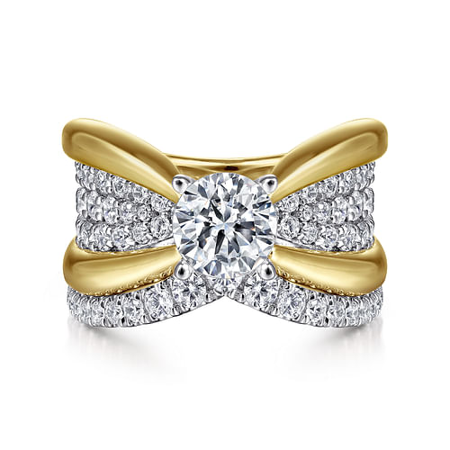 14K White-Yellow Gold Wide Band Round Diamond Engagement Ring