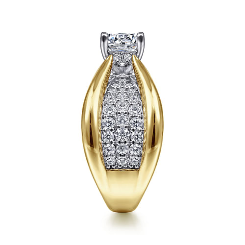 14K White-Yellow Gold Wide Band Round Diamond Engagement Ring