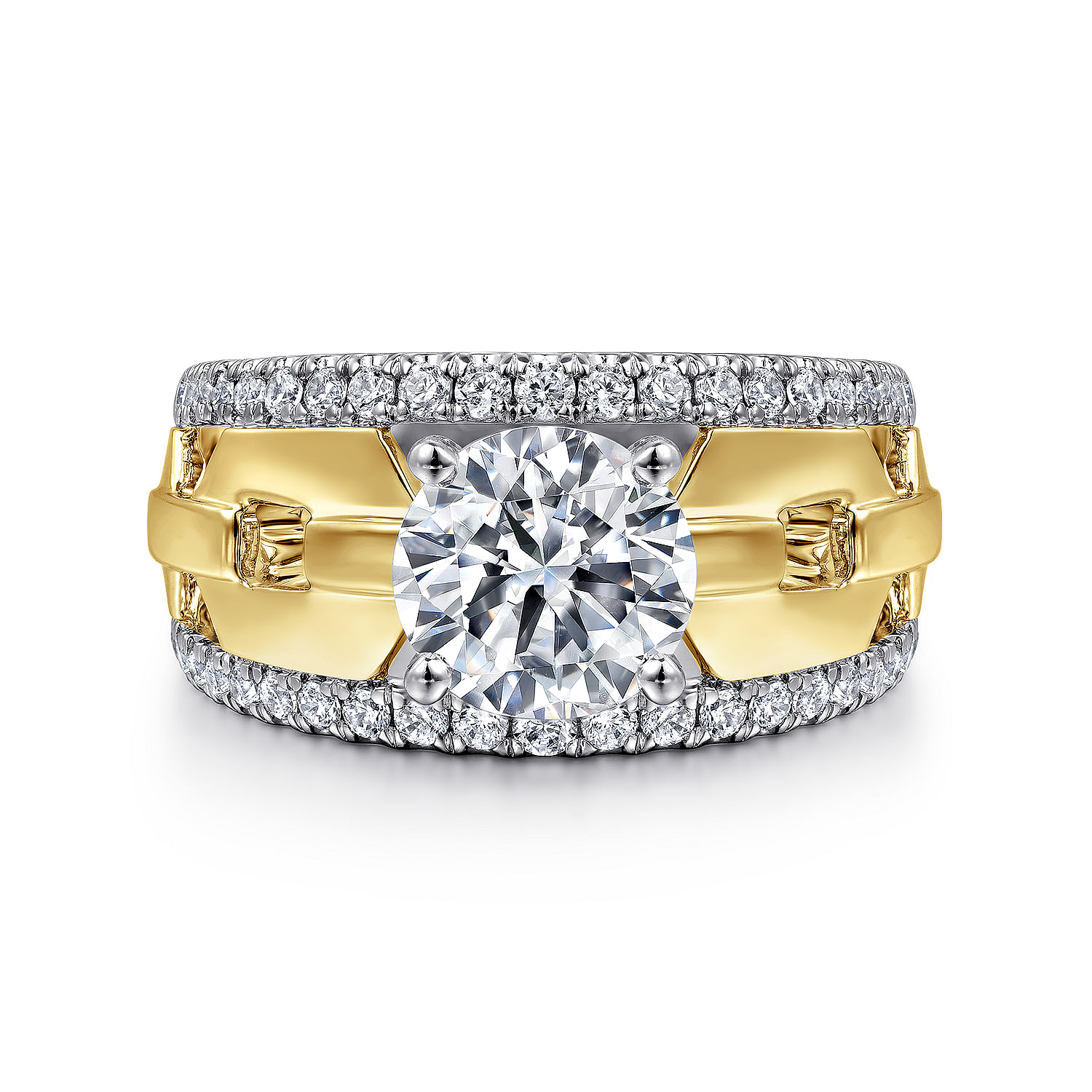 14K White &Yellow Gold Wide Band Round Diamond Engagement Ring