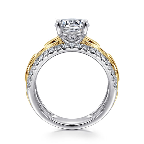 14K White &Yellow Gold Wide Band Round Diamond Engagement Ring