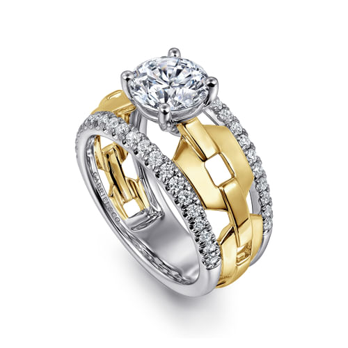 14K White &Yellow Gold Wide Band Round Diamond Engagement Ring