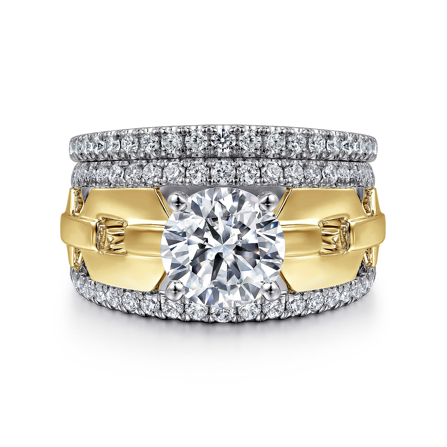 14K White &Yellow Gold Wide Band Round Diamond Engagement Ring