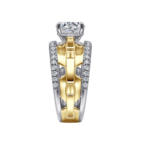 14K White &Yellow Gold Wide Band Round Diamond Engagement Ring
