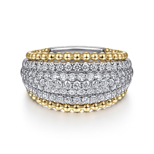 14K White-Yellow Gold Wide Diamond Pavé Band with Bujukan Bead Border