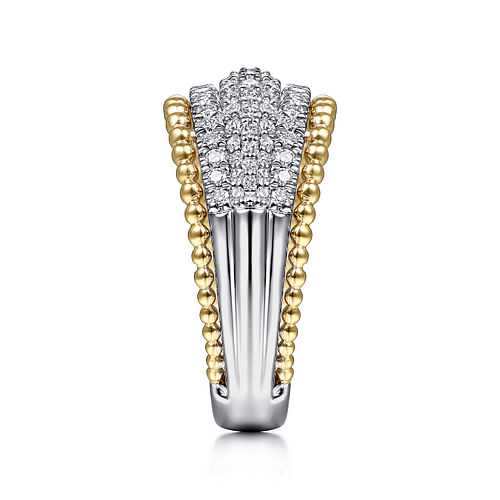 14K White-Yellow Gold Wide Diamond Pavé Band with Bujukan Bead Border