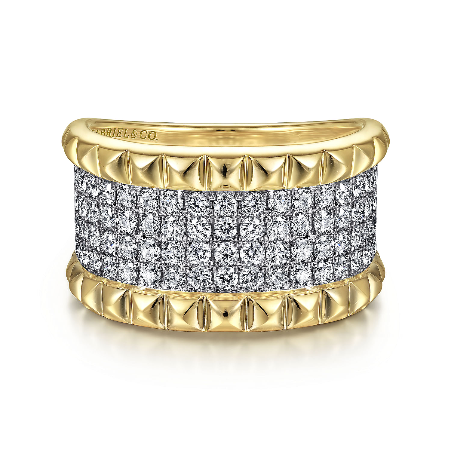 14K White-Yellow Gold Wide Diamond and Pyramid Ring